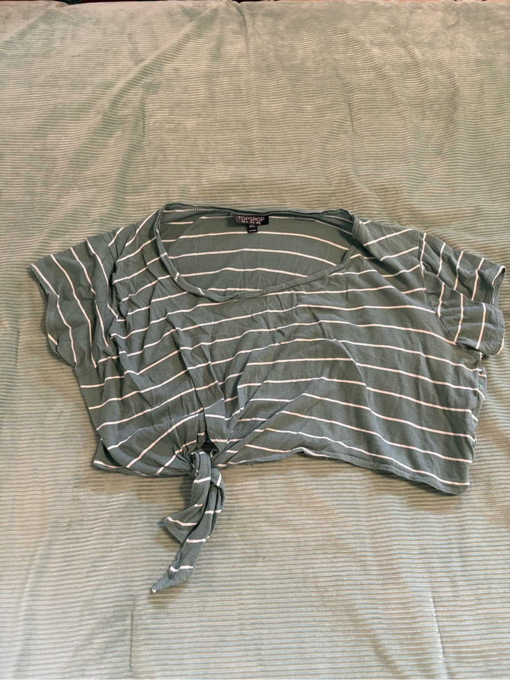 Topshop Sage Green & White Striped Tie-Front Crop Tee
